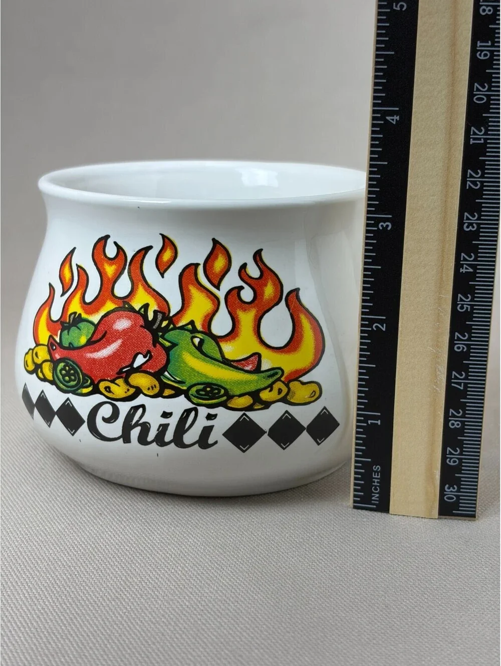 Vintage Houston Harvest Chili Soup Mug Bowl Handle Hot Peppers Flame Ceramic Cup
